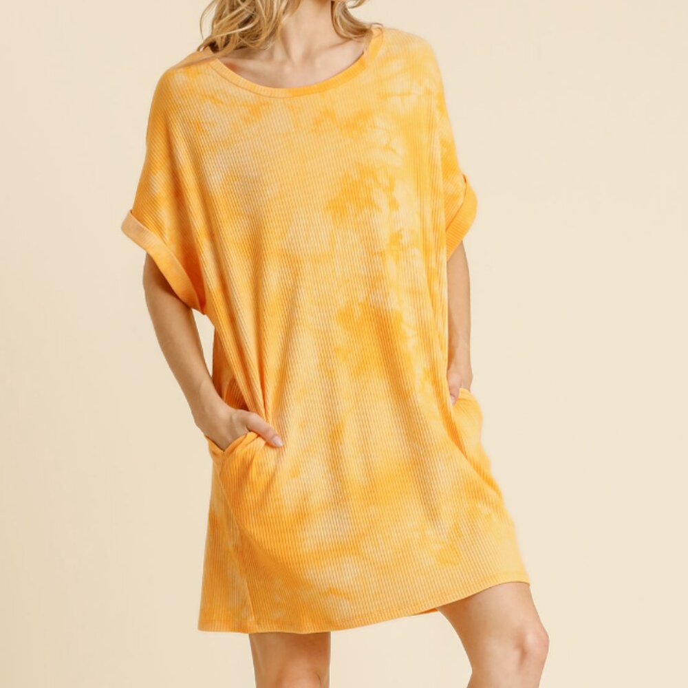 Umgee Mango Tie Dye Ribbed Short Sleeve Dress with Pockets